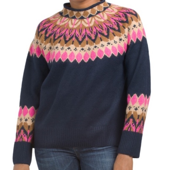 Cece Fair Isle Funnel Neck Sweater L - Picture 1 of 5
